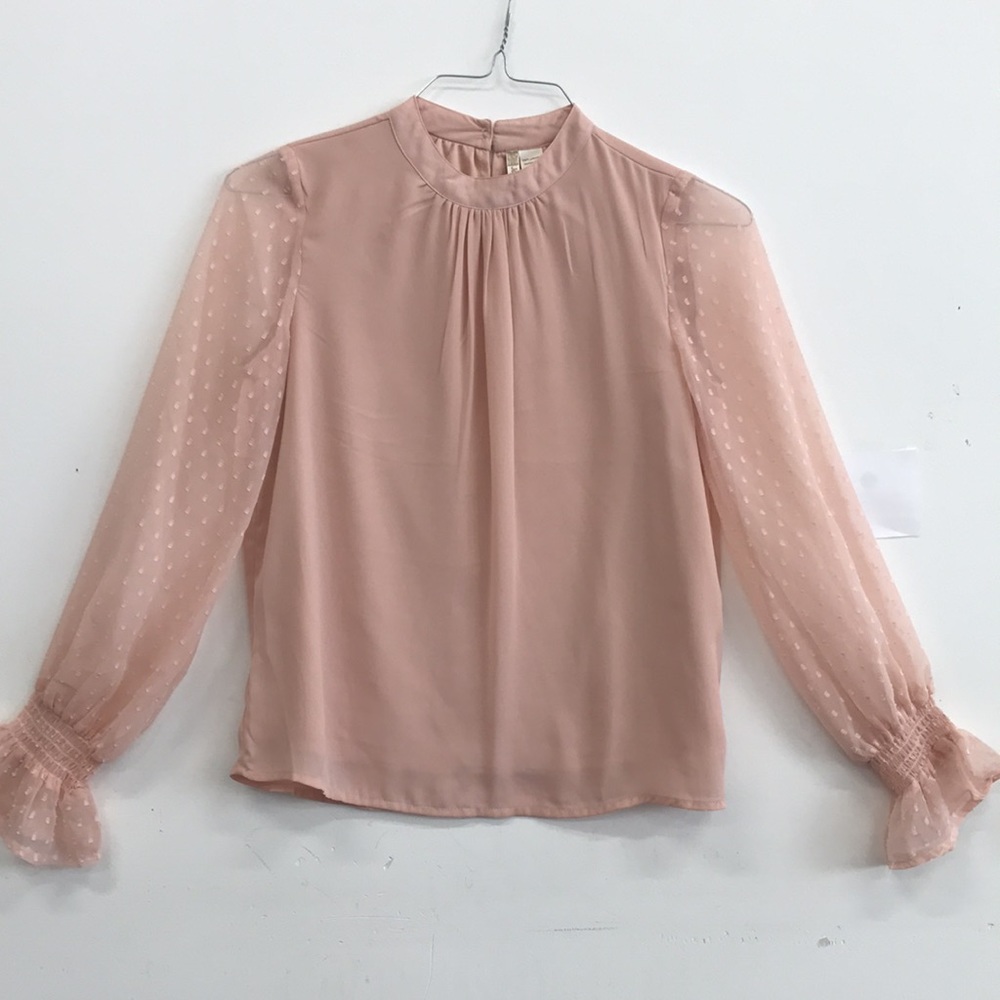 Japna Dusty Pink Mock Neck Long Sleeve Blouse with Sheer Detailed Sleeves size M